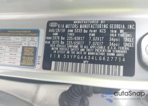 2020 Kia Sorento 2.4L Lx из США, поврежденный, VIN 5XYPG4A34LG627714